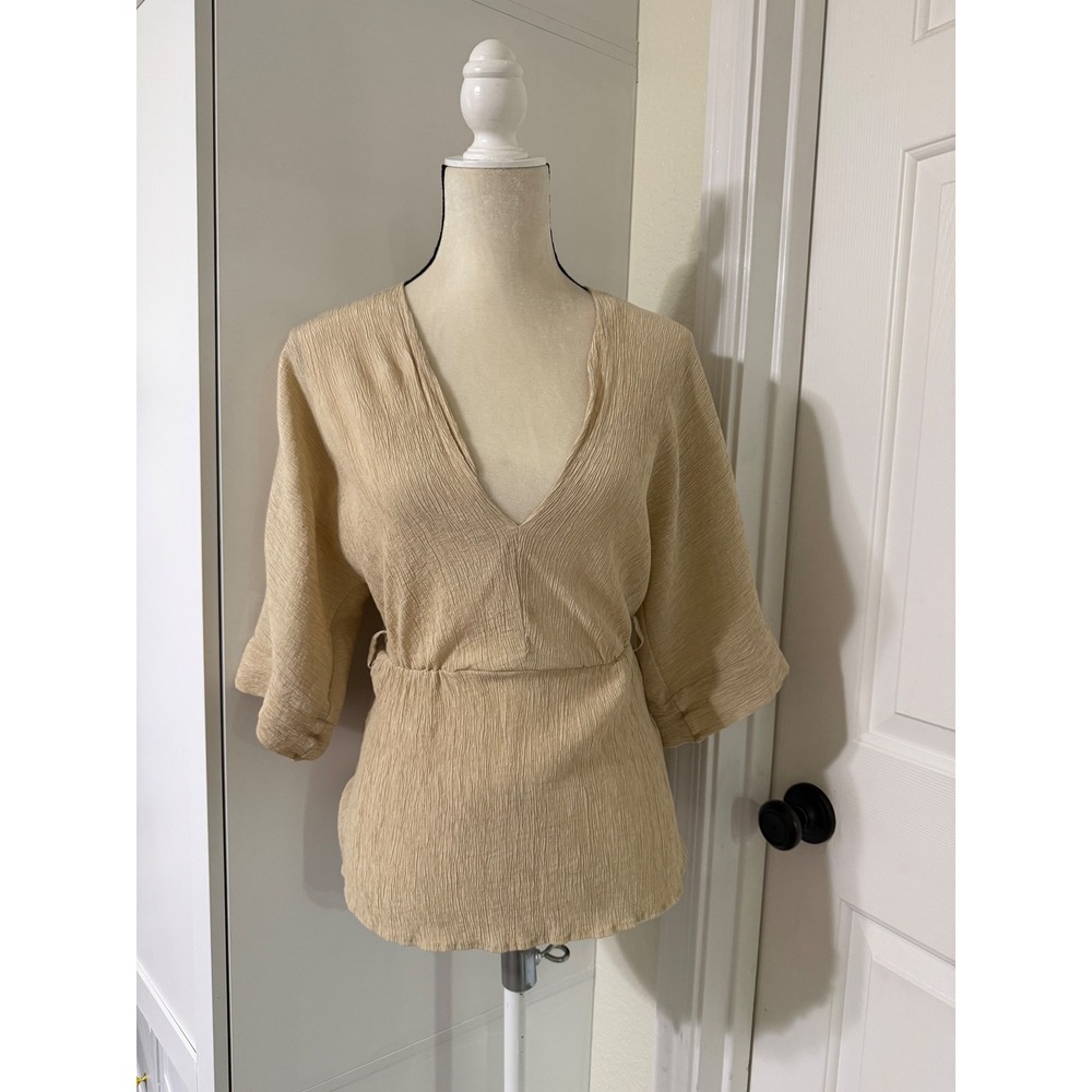 Zara Women Beige Textured V-Neck Peplum Blouse Wide Sleeve Medium